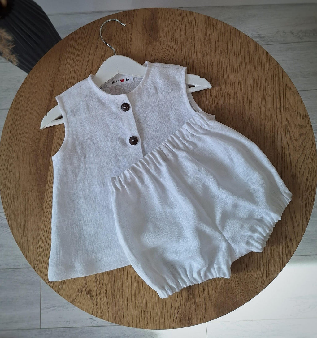 Lullowear® Handgefertigtes Baby- & Kleinkind-Set aus Naturleinen mit Ärmellosem Top und Bloomer-Hose
