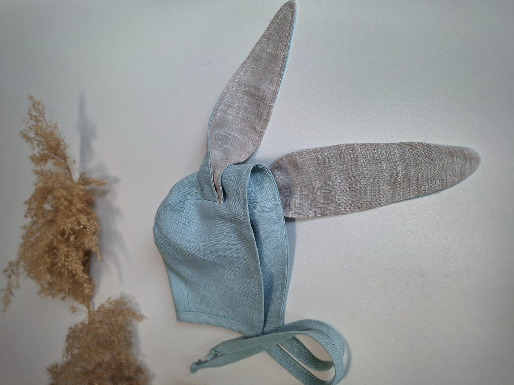 Lullowear® Handgefertigte Baby-Mütze aus Naturleinen mit Hasenohren & Bindeband